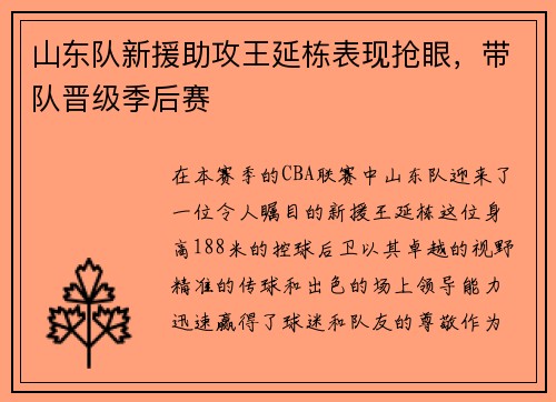 山东队新援助攻王延栋表现抢眼，带队晋级季后赛